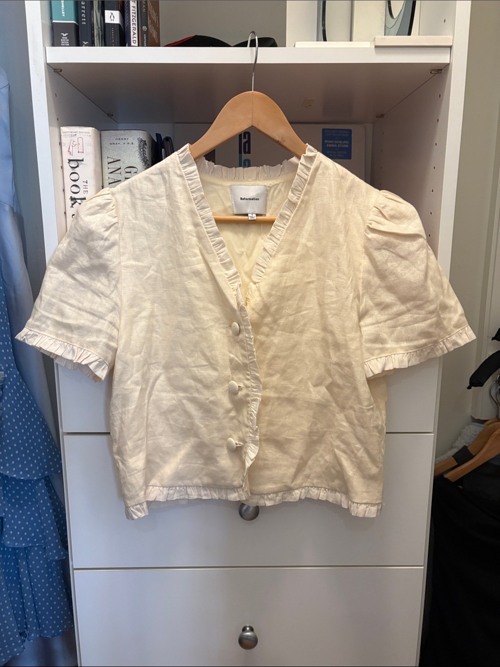 Reformation Cream Ruffle-Trim V-Neck Linen Blend Blouse